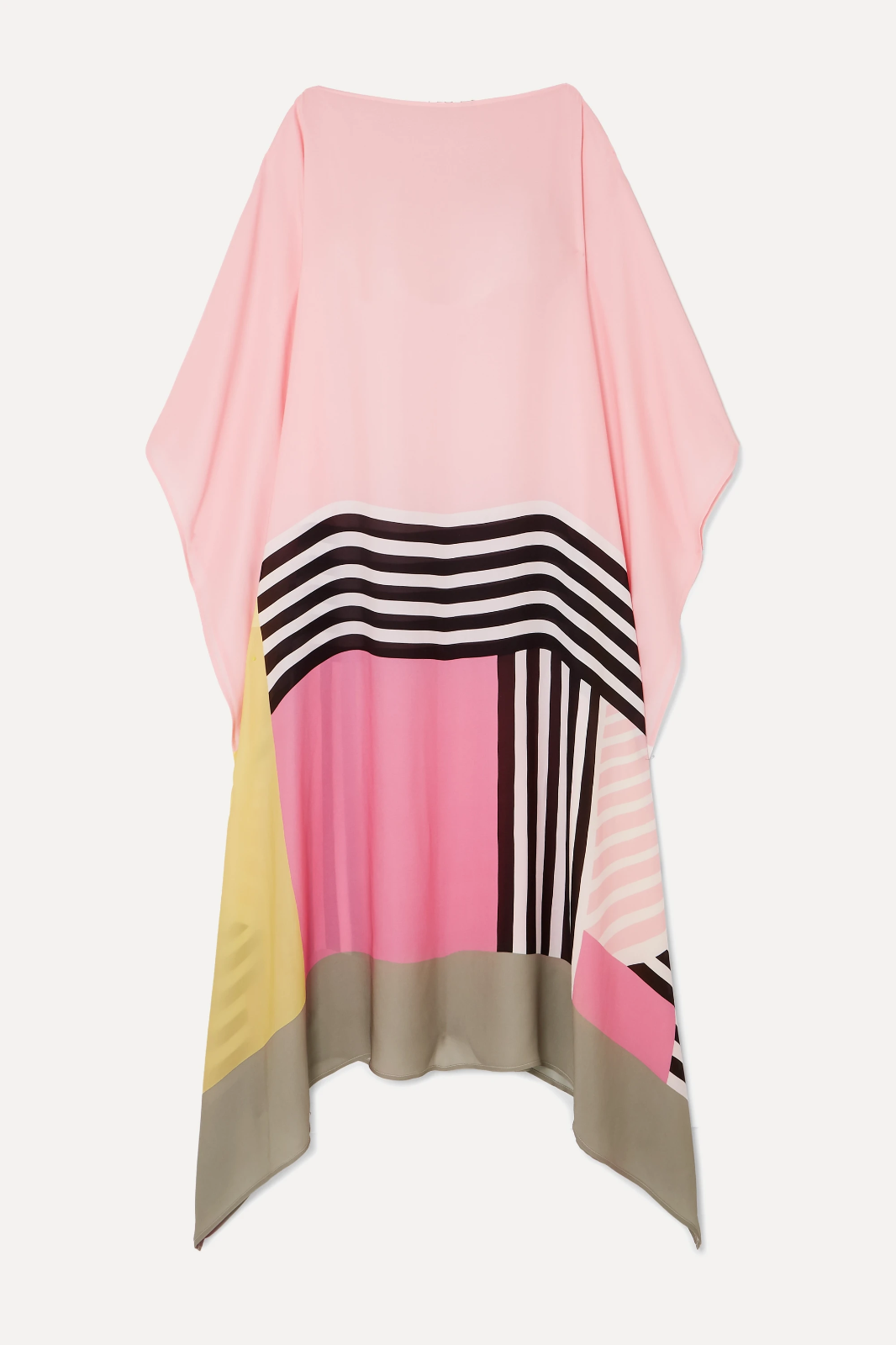 Pink geometric kaftan with black wavy stripes, yellow side block, draped poncho hem