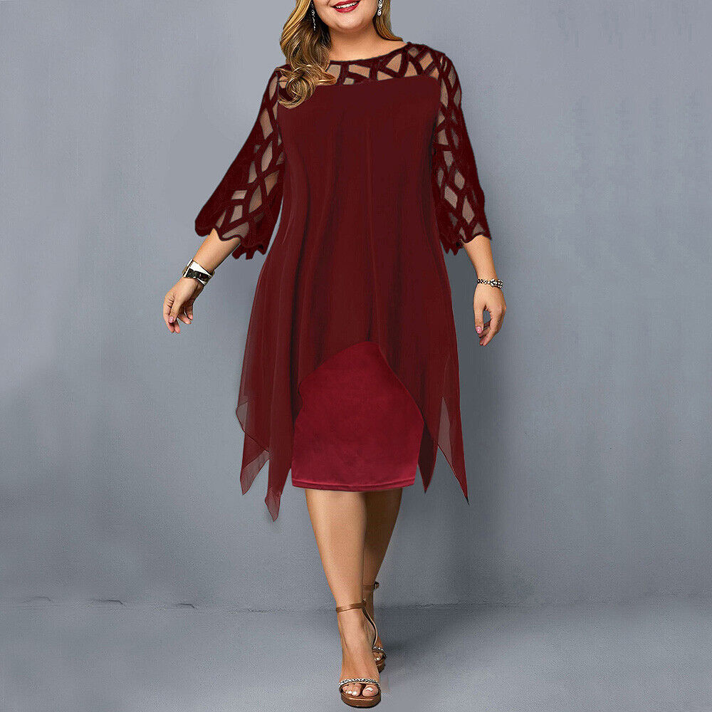 Fatima plus size midi dress in red wine with lattice sleeves and asymmetrical hem