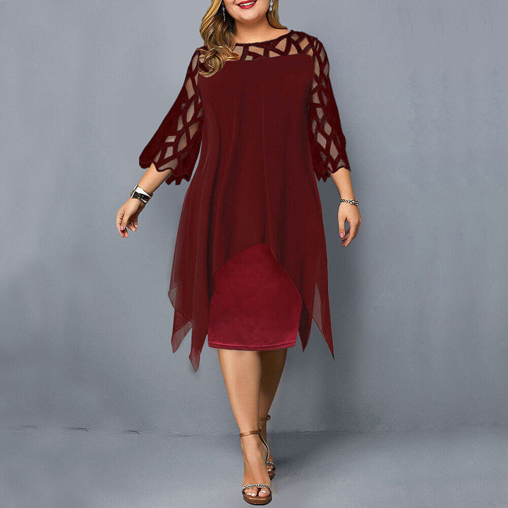 Fatima plus size midi dress in red wine with lattice sleeves and asymmetrical hem