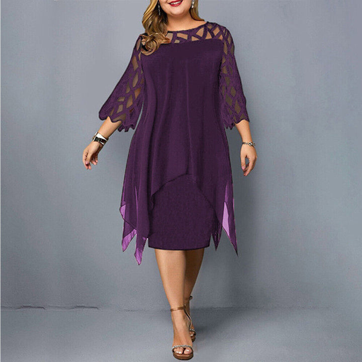 Fatima plus size midi dress in purple with lattice sleeves and asymmetrical hem