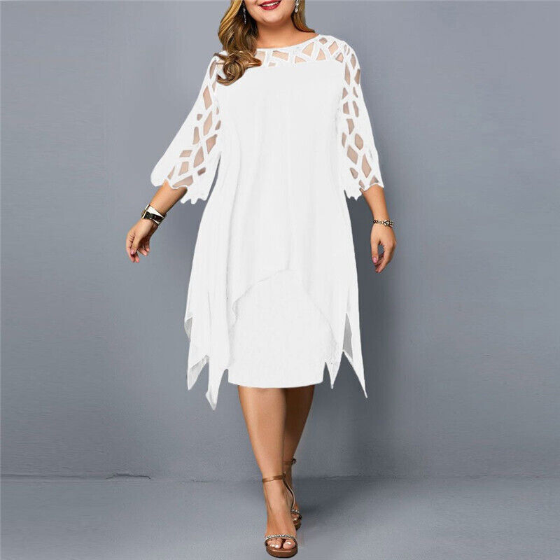 Fatima plus size midi dress in white with lattice sleeves and asymmetrical hem