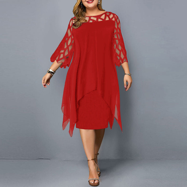Fatima plus size midi dress in red with lattice sleeve overlay and layered hem