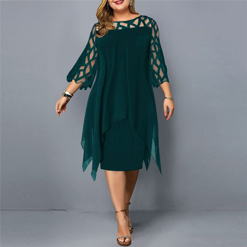 Fatima plus size midi dress in green with lattice sleeves and asymmetrical hem