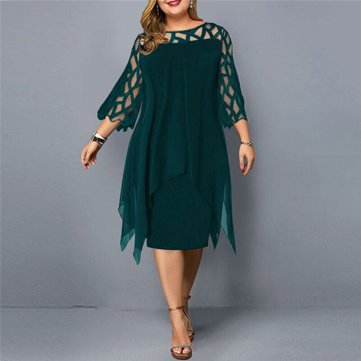 Fatima plus size midi dress in green with lattice sleeves and asymmetrical hem