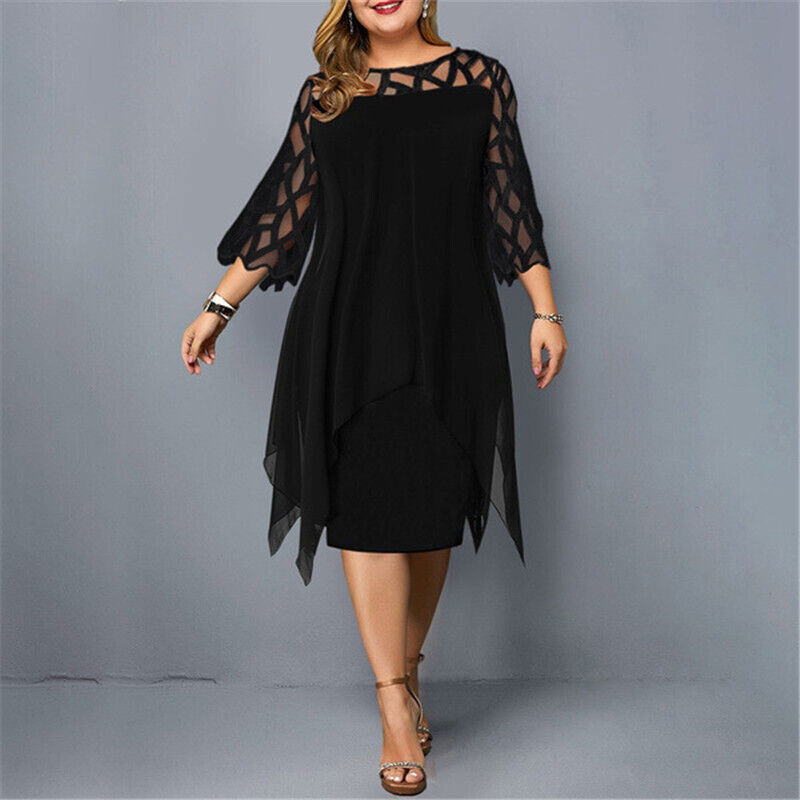 Fatima plus size midi dress in black with lattice sleeves and sheer cutout neckline