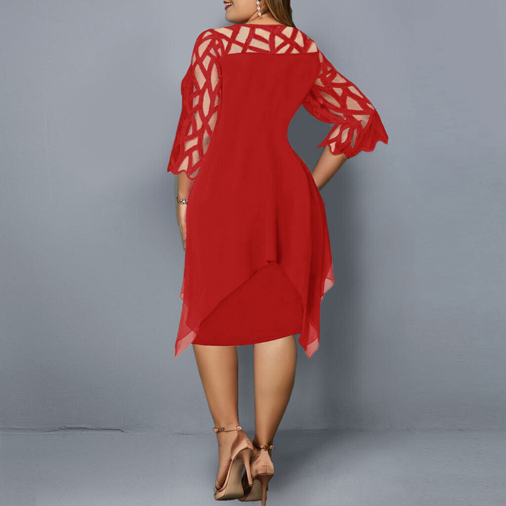 Fatima plus size midi dress in red with lattice sleeves and asymmetrical hem