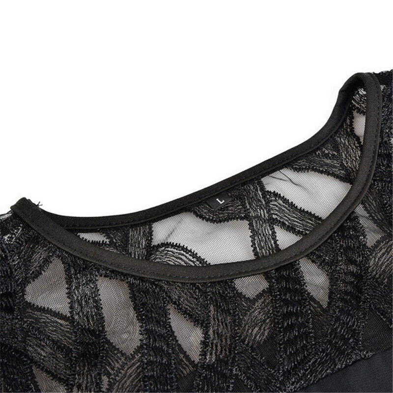 Fatima plus size midi dress neckline detail in black with lace mesh overlay