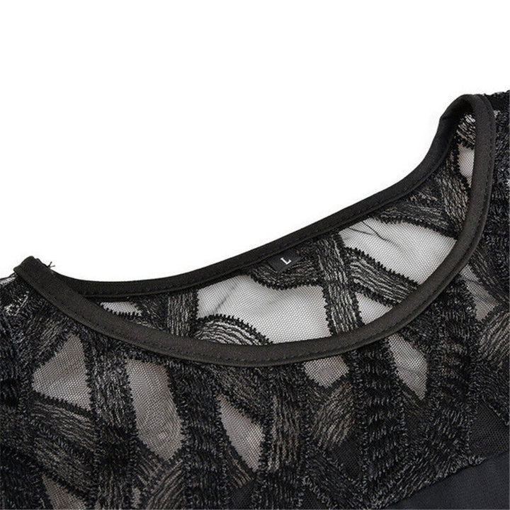 Fatima plus size midi dress neckline detail in black with lace mesh overlay