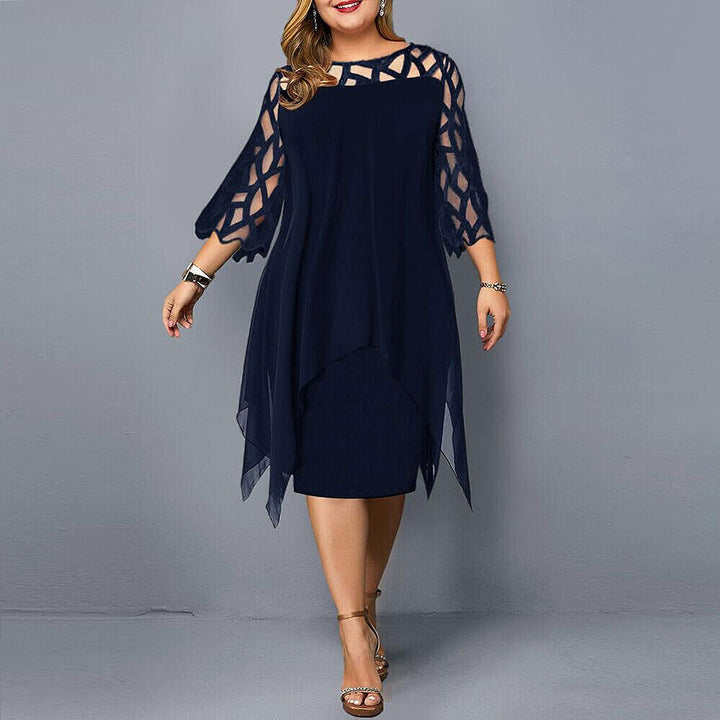 Fatima plus size midi dress in deep blue with lattice sleeves and asymmetrical hem