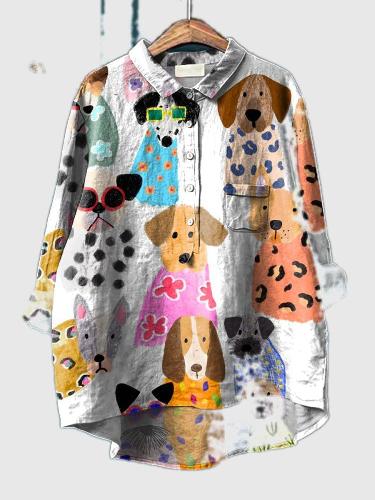 Multicolor dog paw print button-up shirt with long sleeves and collar