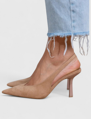 Beige real leather pointed-toe heels with backless design and slim stiletto heel