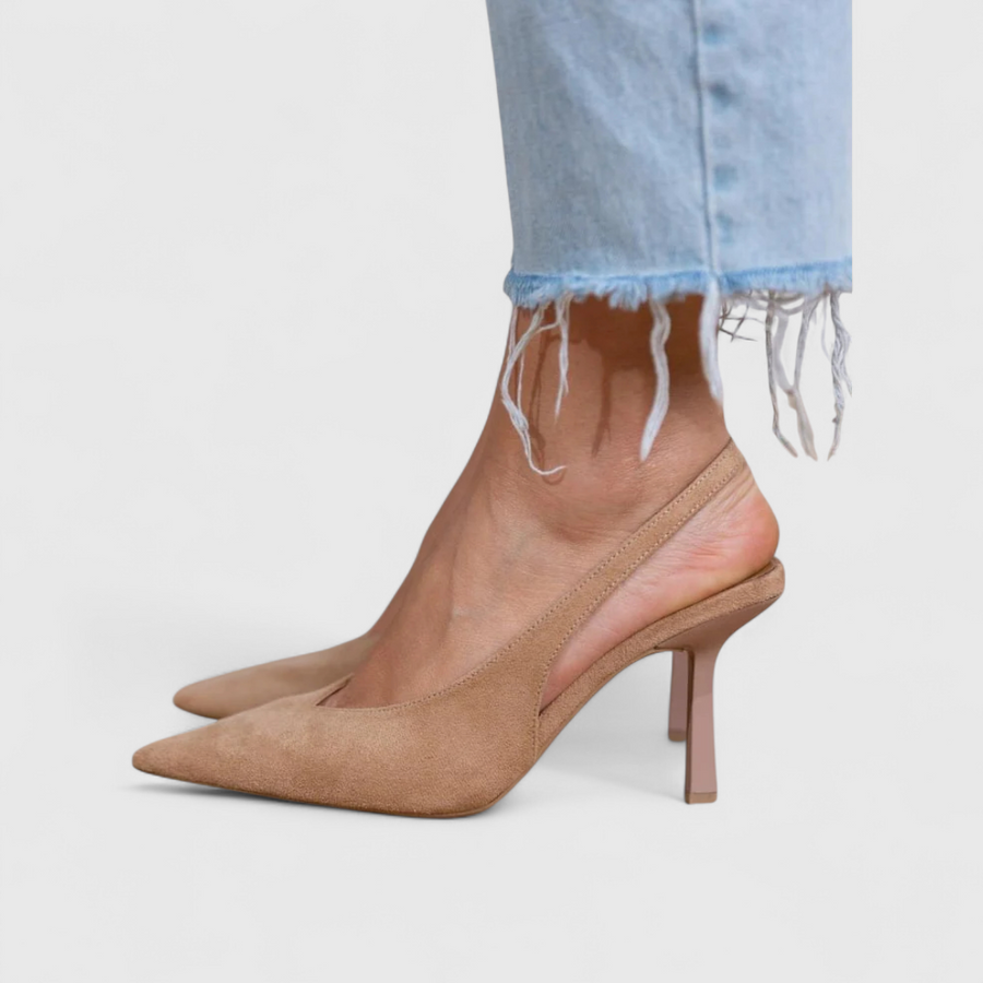 Beige real leather pointed-toe heels with backless design and slim stiletto heel