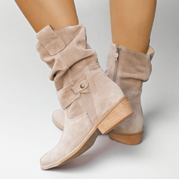 Light taupe suede-style ankle boots with buckle strap and block heel