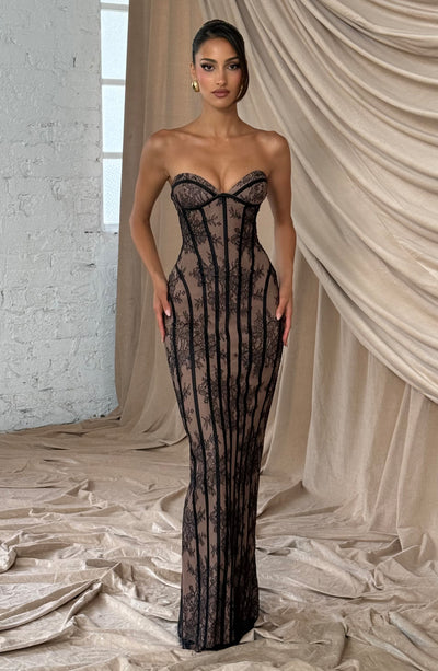 Black lace maxi dress with sweetheart neckline and corset-style boning, spaghetti straps