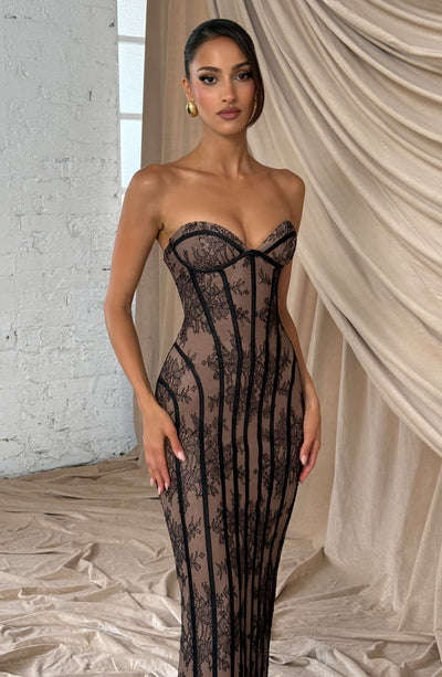 Black strapless-style maxi lace dress with corset bodice and vertical stripe pattern