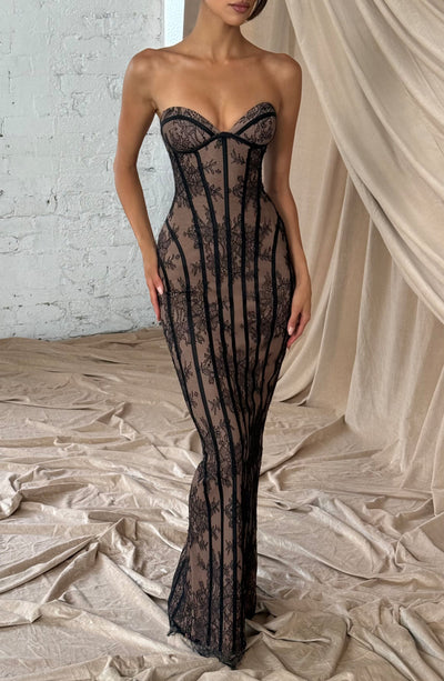 Black lace maxi dress with sweetheart neckline, corset fit, and long column silhouette