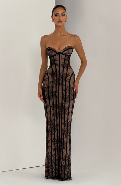 Black maxi dress with corset bodice, vertical stripe lace, spaghetti straps, full front