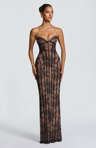 Black maxi dress with sweetheart corset neckline and vertical stripe lace, full front