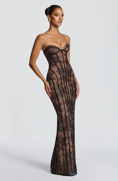 Black maxi dress with sweetheart corset bodice and vertical stripe lace, three-quarter view