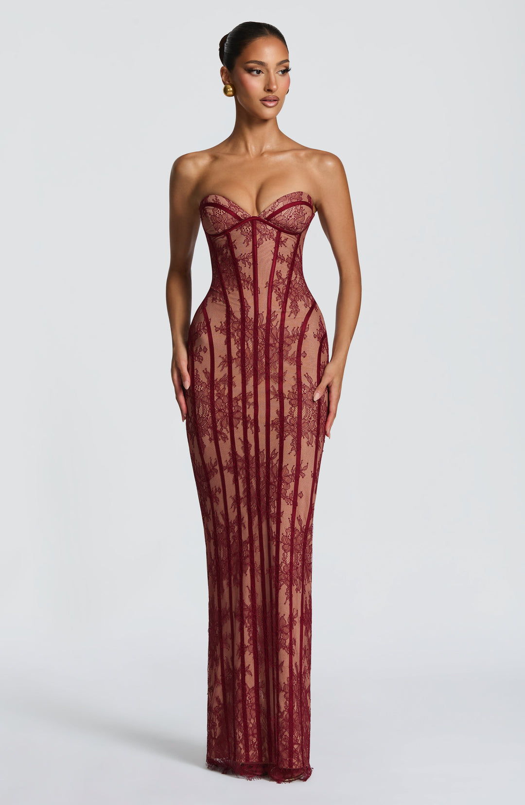 Burgundy lace maxi dress with sweetheart neckline and corset bodice, long column fit