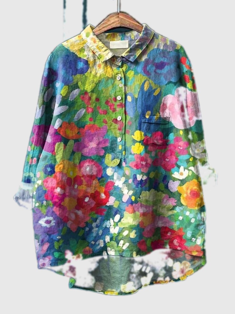 Multicolor floral watercolor button-up shirt with chest pocket