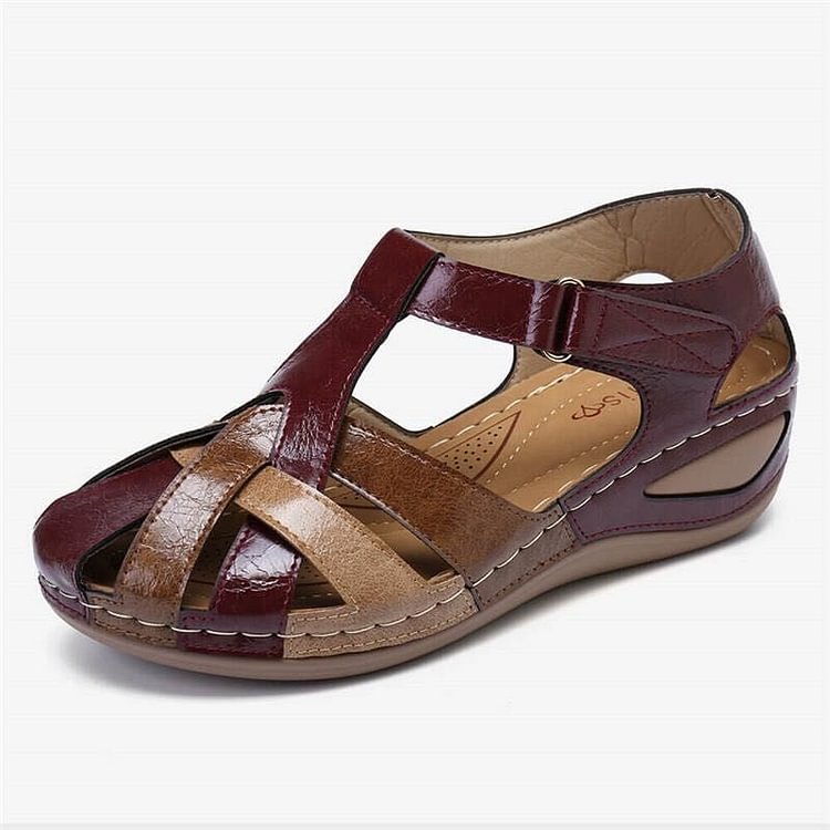 Burgundy casual sandals with tan straps and cushioned platform sole