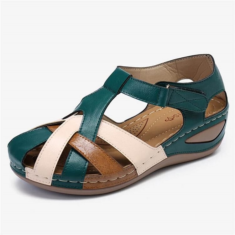 Teal and beige casual sandals with cross straps and low cushioned sole