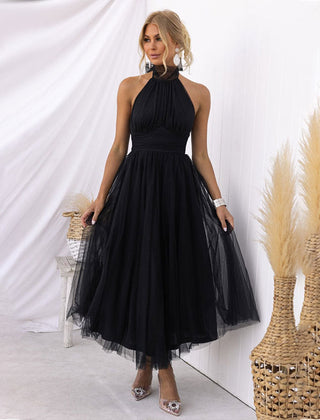 Black halter tulle midi dress with high neckline and full gathered skirt