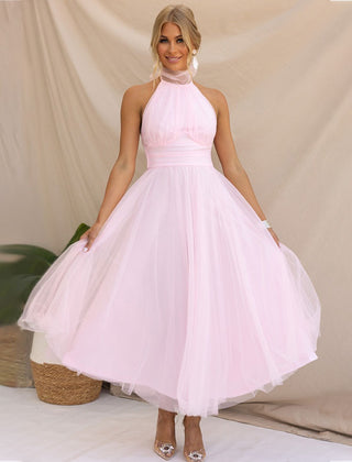 Light pink halter tulle midi dress with high neck and gathered skirt