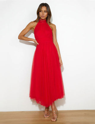Red halter turtleneck midi dress with sleeveless fitted bodice and flared tulle skirt