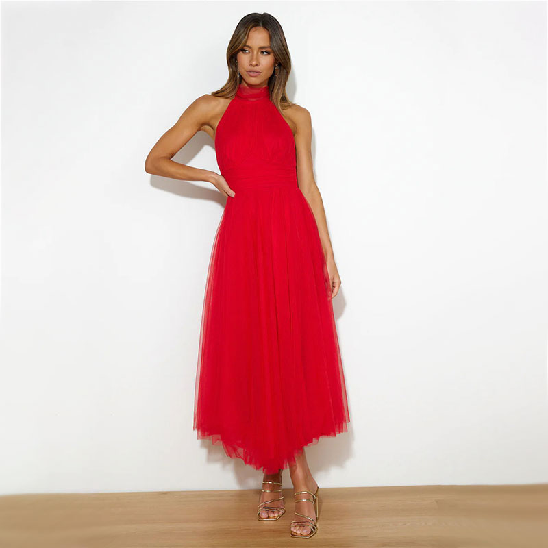 Red halter turtleneck midi dress with sleeveless fitted bodice and flared tulle skirt
