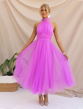 Purple halter tulle midi dress with high neck and full gathered skirt