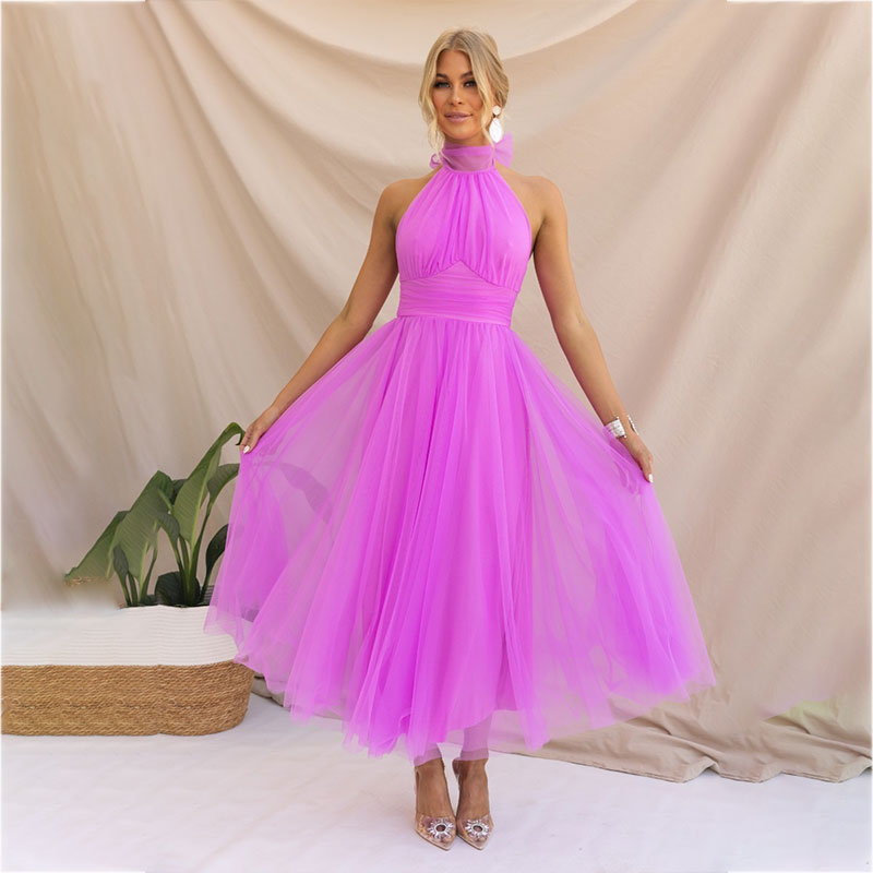 Purple halter tulle midi dress with high neck and full gathered skirt