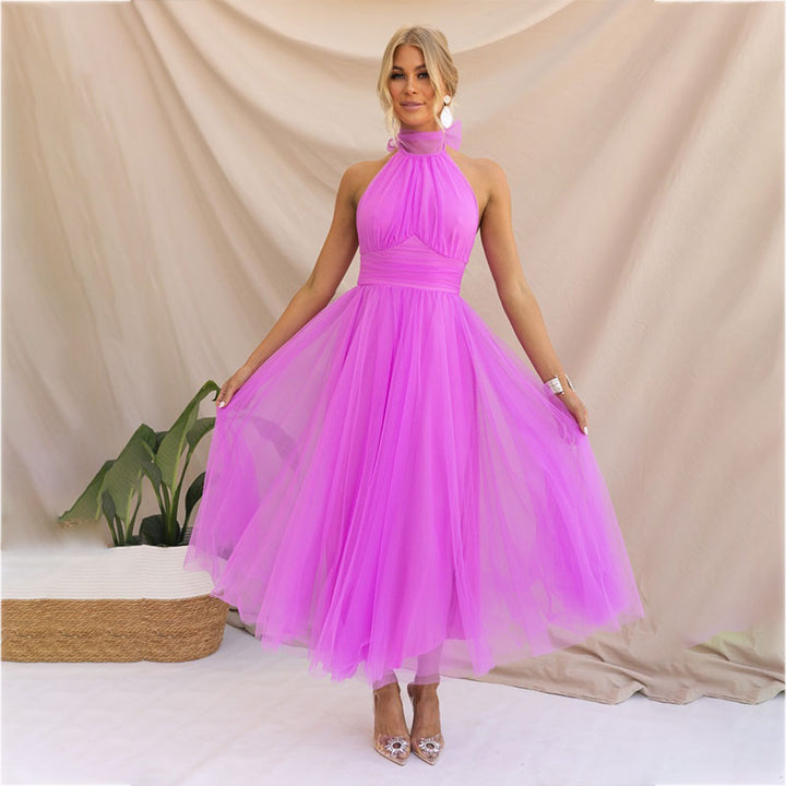 Purple halter tulle midi dress with high neck and full gathered skirt