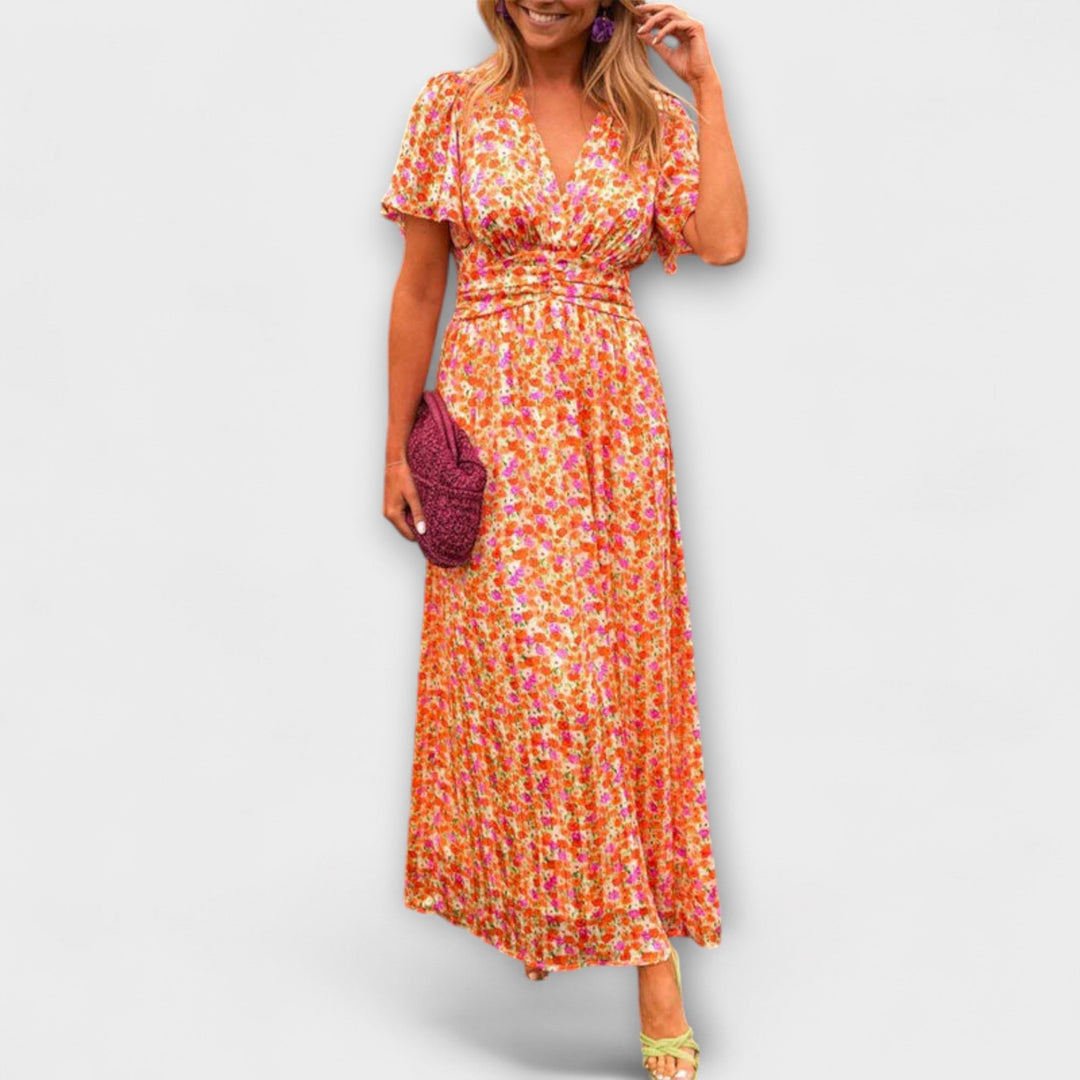 Orange floral V-neck midi dress with short sleeves and gathered waist