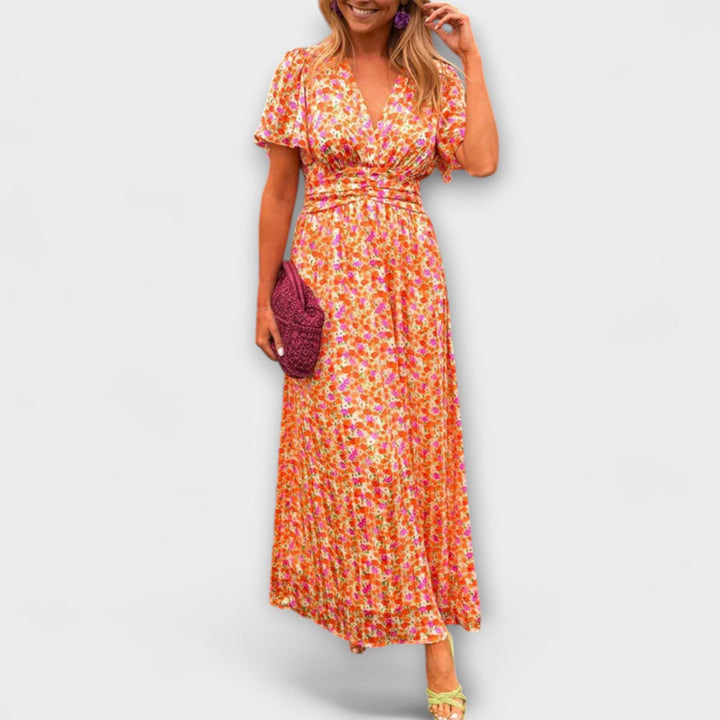 Orange floral V-neck midi dress with short sleeves and gathered waist