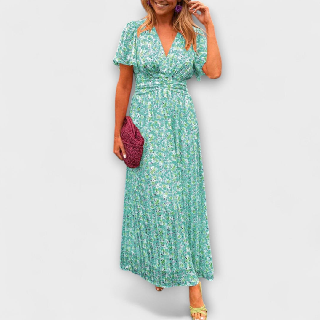 Green floral V-neck midi dress with short sleeves and gathered waist