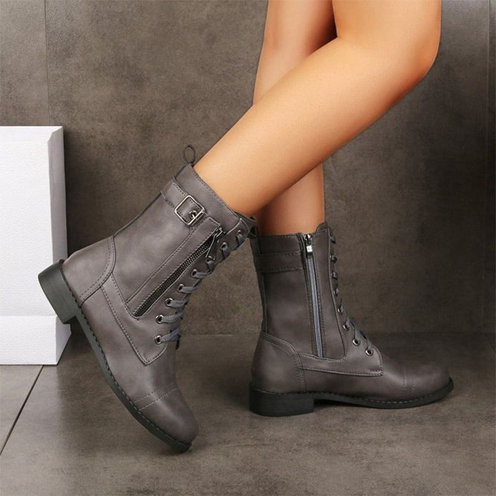 Gray round-toe lace-up ankle boots with side zip and adjustable buckle strap