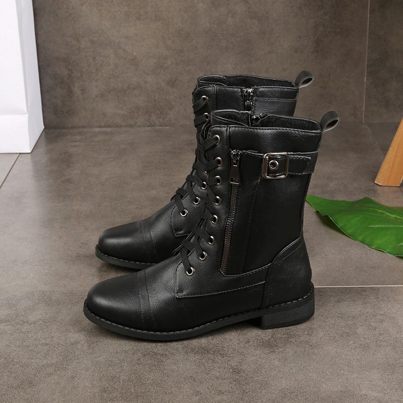 Black round-toe lace-up ankle boots with side zip and buckle strap