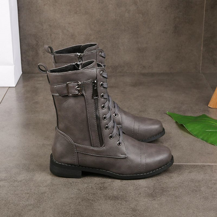 Gray round-toe lace-up ankle boots with side buckle strap and zipper