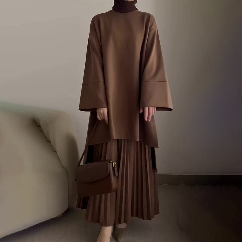 Women's pleated two-piece set, brown tunic top with wide sleeves and pleated midi skirt