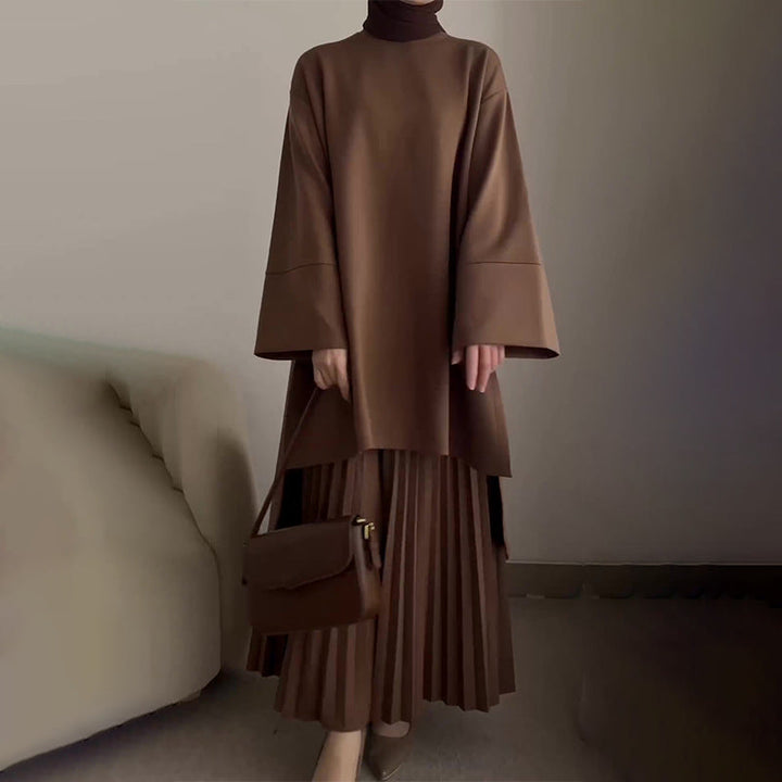 Women's pleated two-piece set, brown tunic top with wide sleeves and pleated midi skirt