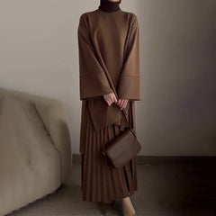 Women's pleated two-piece set, draped brown top with wide sleeves and pleated midi skirt