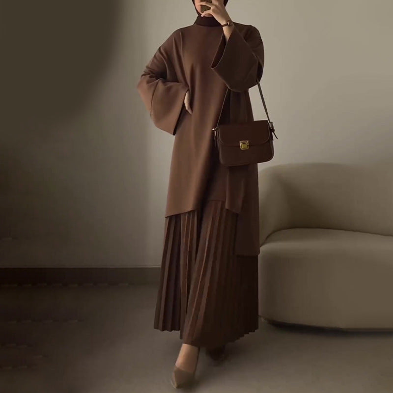 Women's pleated two-piece set, brown mock-neck top with wide sleeves and pleated midi skirt