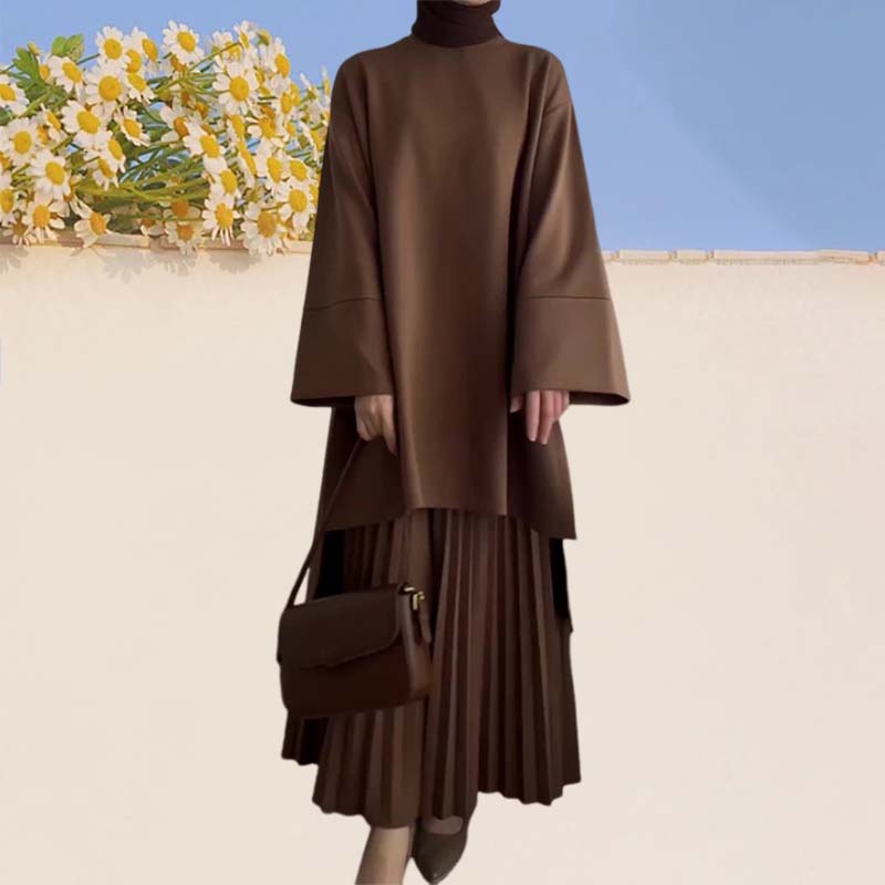 Women's pleated two-piece set, brown loose top with wide sleeves and pleated midi skirt