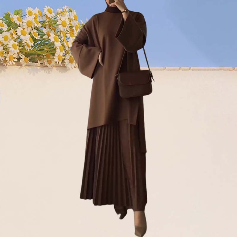 Women's pleated two-piece set, brown top with kimono-style sleeves and pleated midi skirt