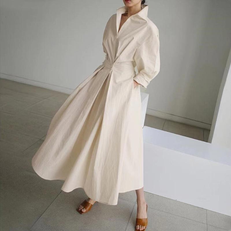 Beige shirt dress with collar and long sleeves, tied waist, A-line midi length