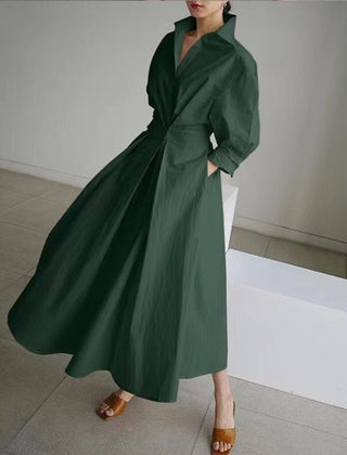 Dark green shirt dress with wrap V-neck and long sleeves, belted waist