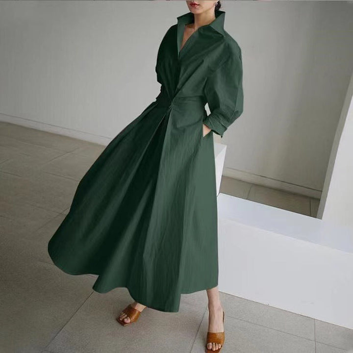 Dark green shirt dress with wrap V-neck and long sleeves, belted waist