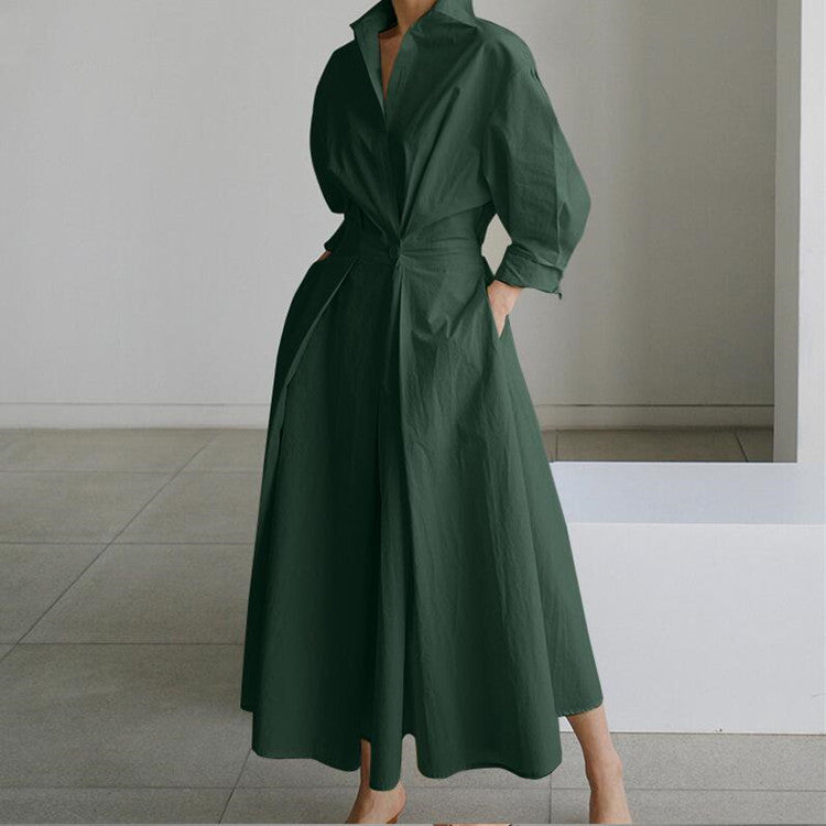 Green shirt dress with button front, long sleeves, and tie waist detail